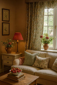 Thumbnail for Linen-look cotton blend fabric with vintage floral medallions for curtains