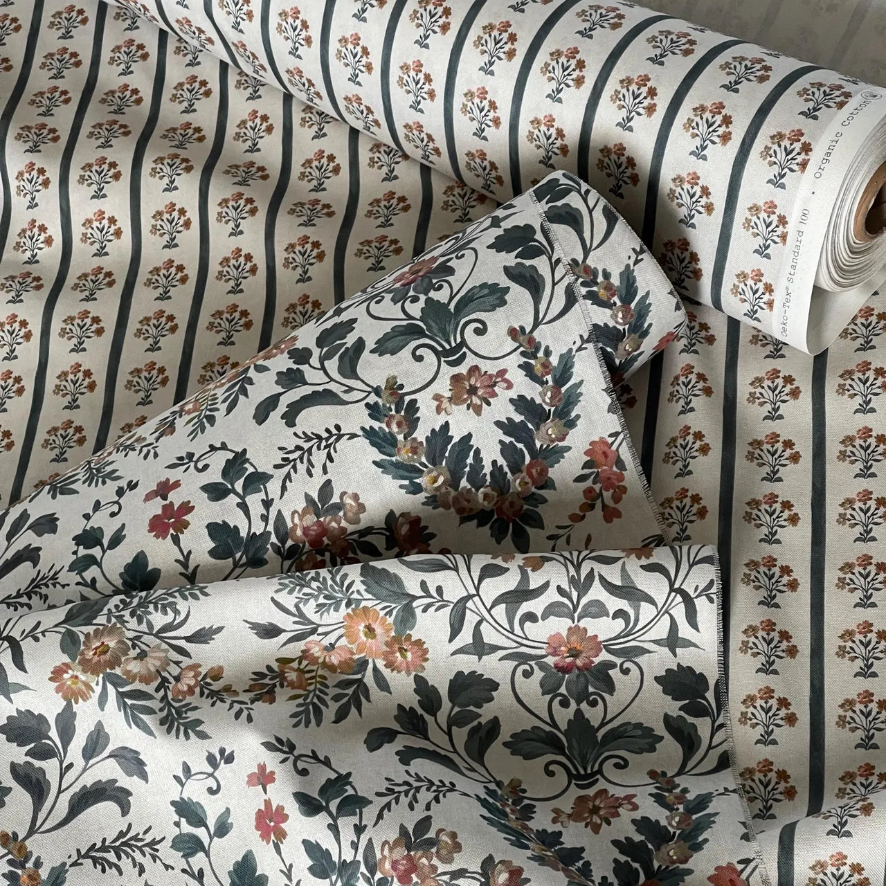 Botanical stripe fabric with charcoal vertical lines