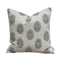 Thumbnail for Close-up of traditional blue-grey botanical medallion print on natural linen-look cushion fabric