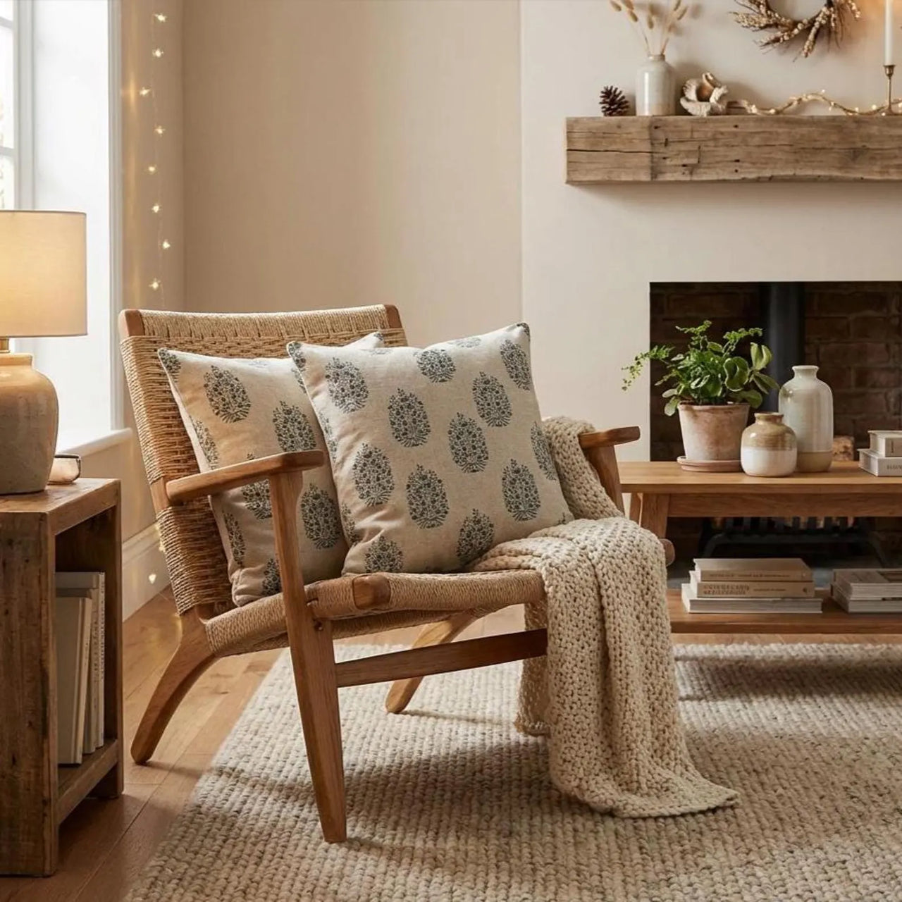 Blue floral medallion cushion covers styled with natural wood furniture and neutral textiles in a farmhouse living room