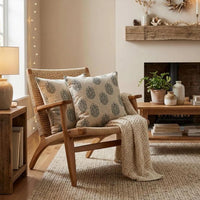 Thumbnail for Blue floral medallion cushion covers styled with natural wood furniture and neutral textiles in a farmhouse living room