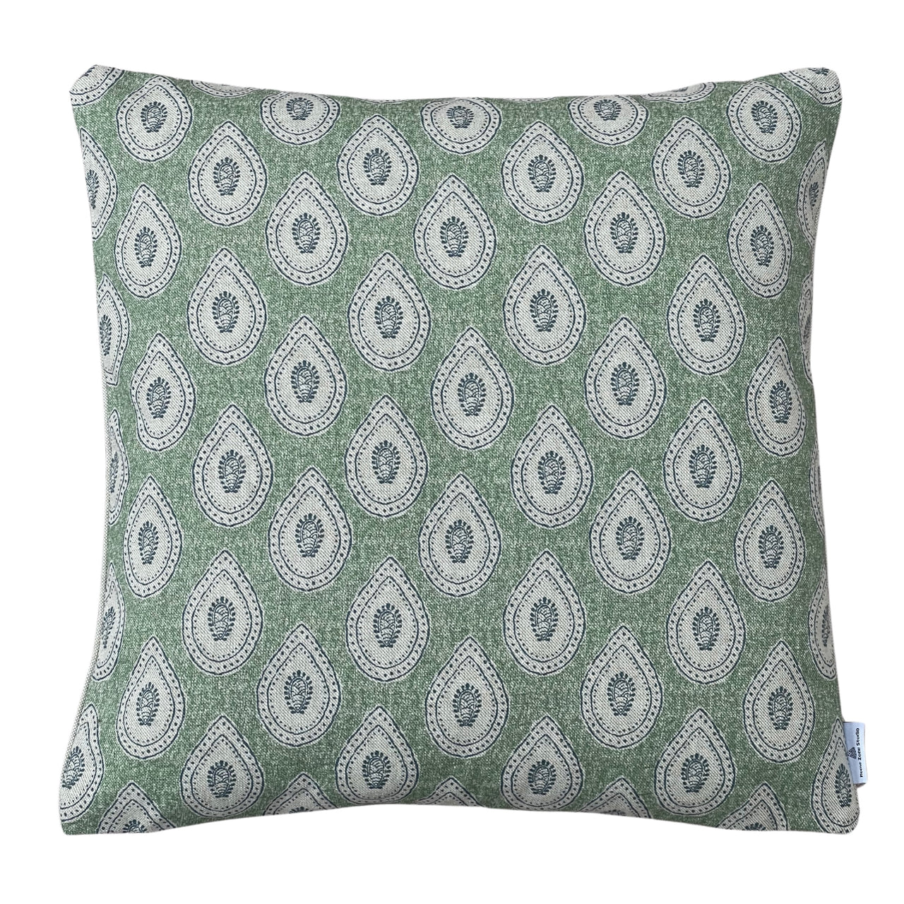 Heritage Buta Paisley sage green cushion cover with ivory teardrop motifs on textured linen-look fabric