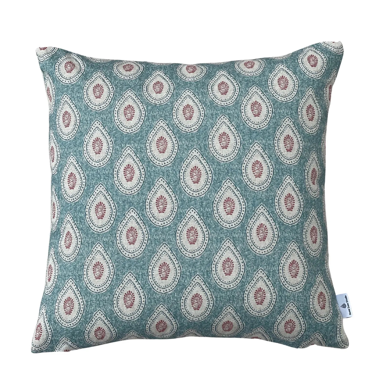 Heritage Buta Paisley Teal cushion cover featuring traditional ivory teardrop motifs with delicate red floral detailing on textured teal linen-look fabric.