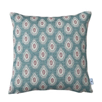 Thumbnail for Heritage Buta Paisley Teal cushion cover featuring traditional ivory teardrop motifs with delicate red floral detailing on textured teal linen-look fabric.
