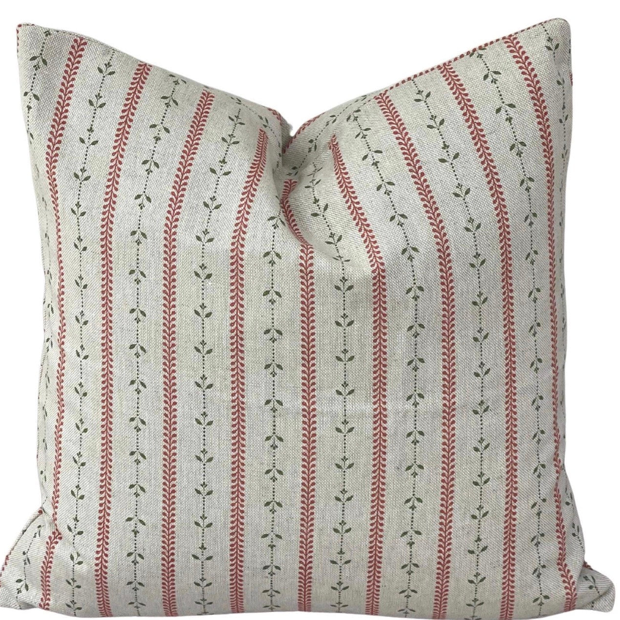 Heritage red and sage green botanical stripe cushion cover on natural linen-look fabric