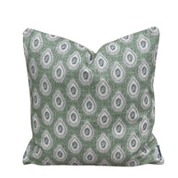 Thumbnail for Close-up of traditional ivory paisley teardrop print on sage green linen-look cushion fabric