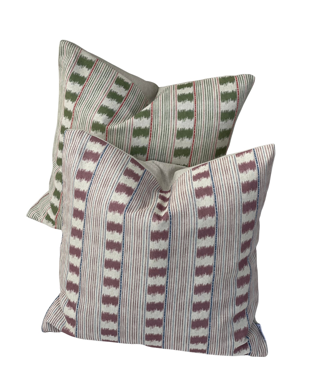 Ikat-inspired stripe cushion cover in dusty rose, cream and blue-grey linen-look fabric.