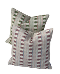 Thumbnail for Ikat-inspired stripe cushion cover in dusty rose, cream and blue-grey linen-look fabric.