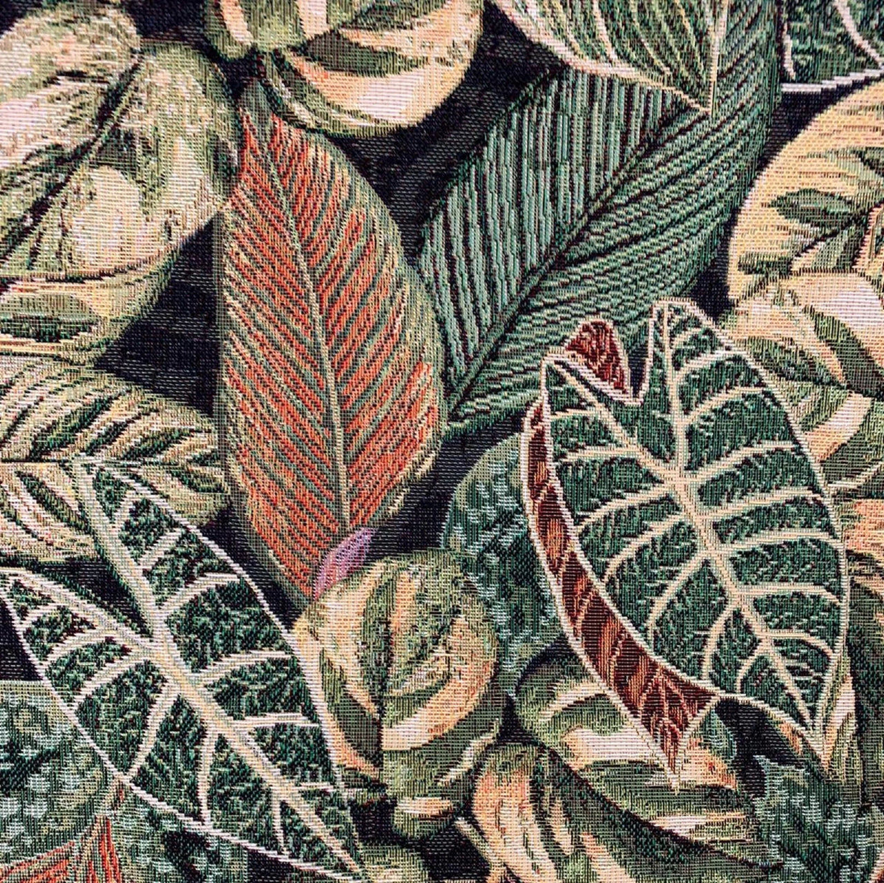 Tropical Foliage Woven Upholstery Fabric – Botanical Jungle Leaves in Green, Mustard & Brown