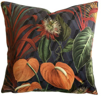 Thumbnail for Deep jungle velvet cushion with tropical birds on  blue background 