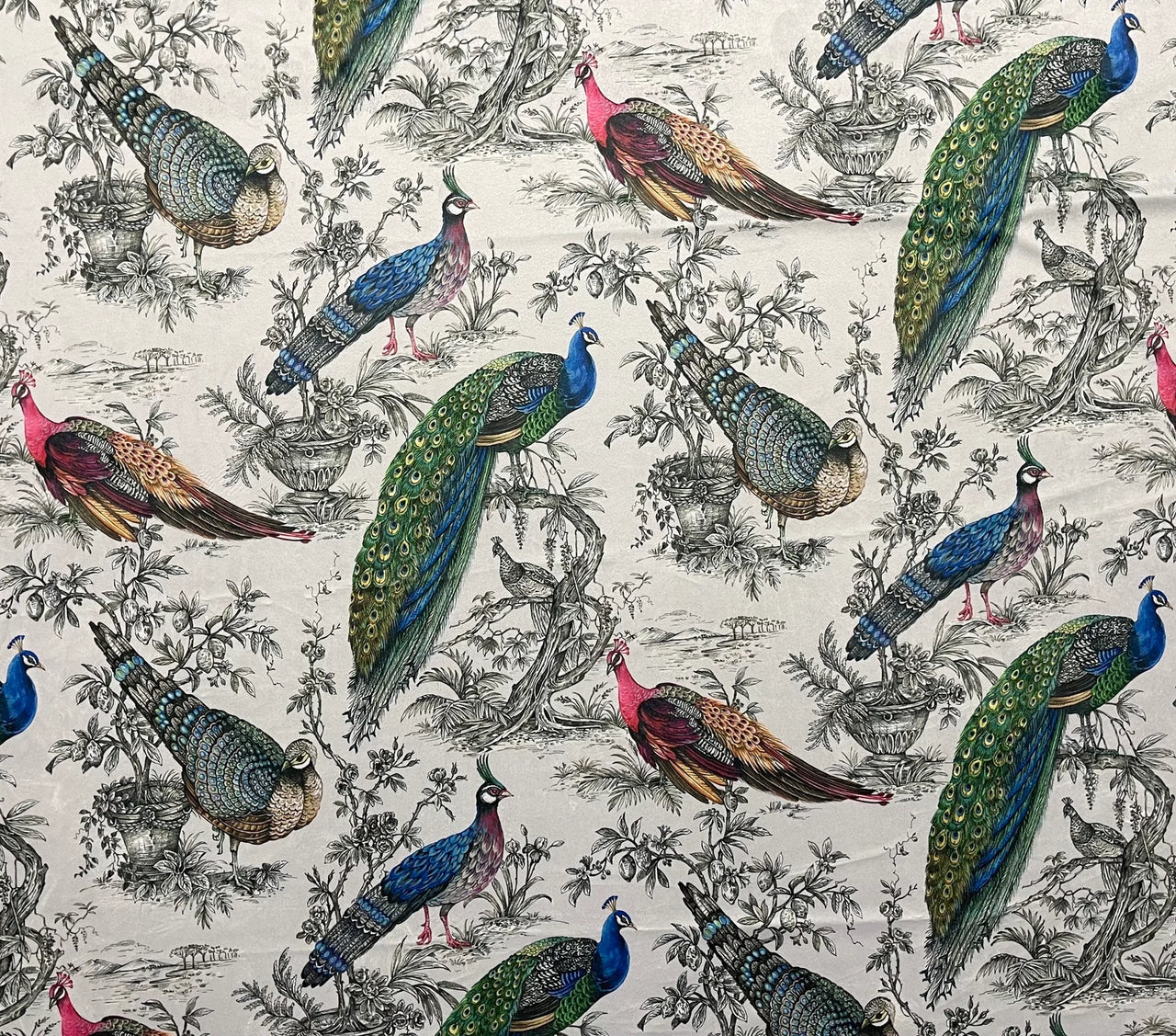 Peacock Pheasant Italian Velvet Fabric – Luxury Floral Bird Design (Sold by Meter)