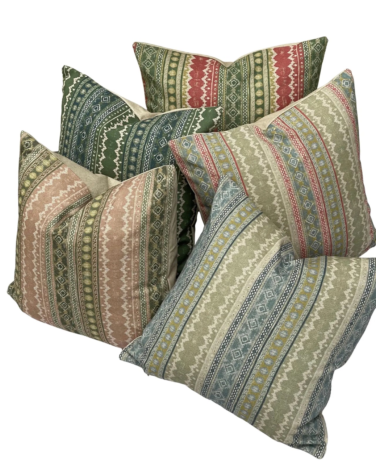 Sage Green & Blush Kilim Stripe Cushion Cover – Rustic Linen-Look Geometric Pillowcase