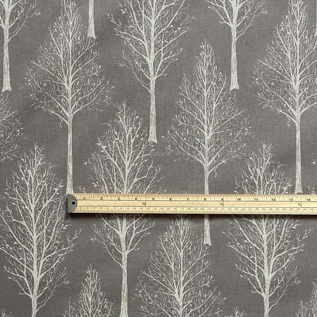 Scandinavian Forest Tree Fabric – Taupe Grey Linen Look Cotton | Nordic Bare Tree Print