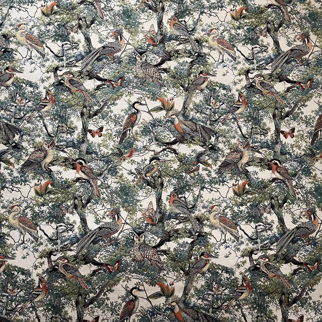 Woodland Chorus Tapestry Fabric – Bird & Forest Jacquard Upholstery Material, 140cm Wide
