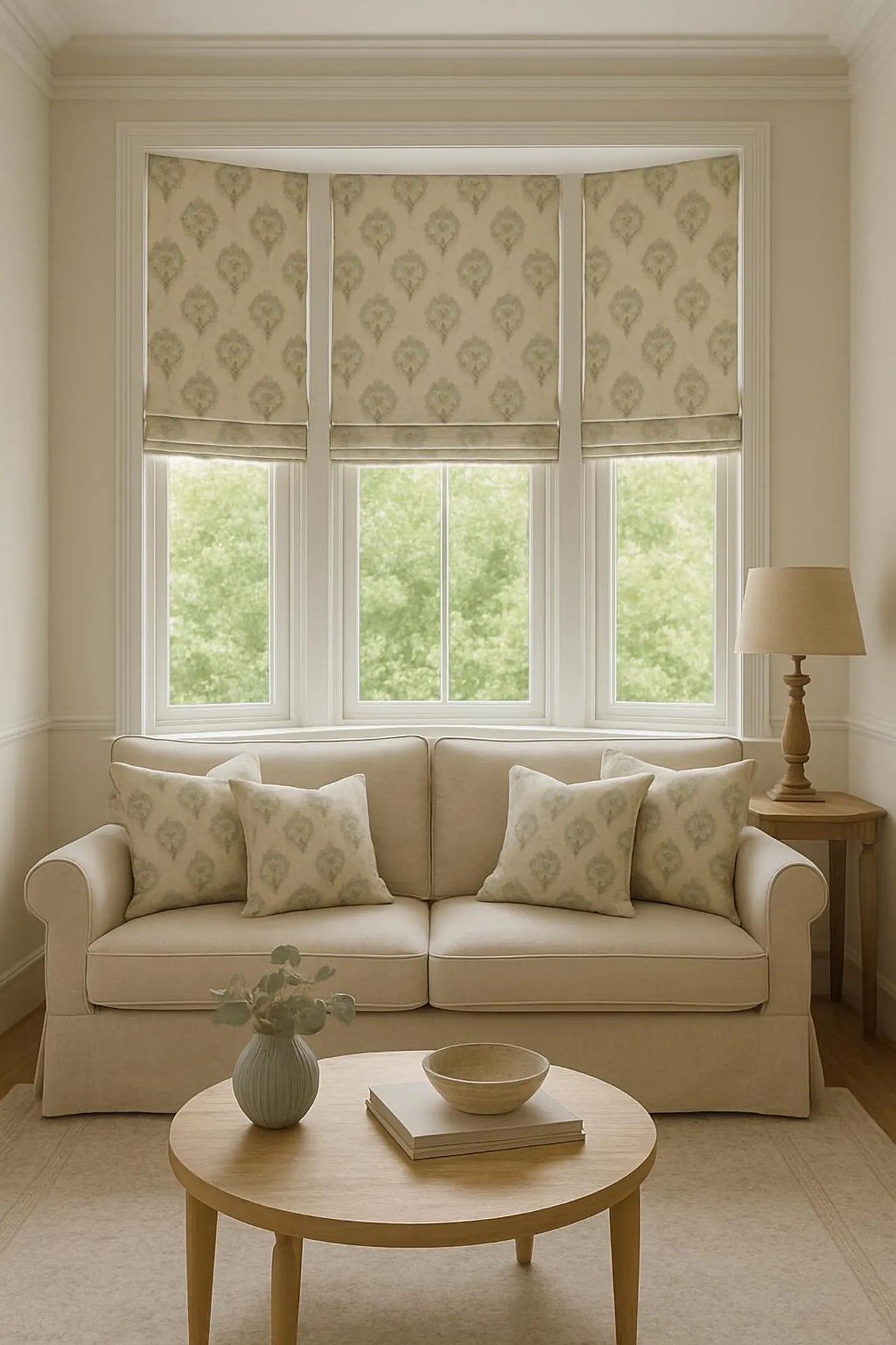 Neutral botanical fabric with delicate floral sprigs and texture