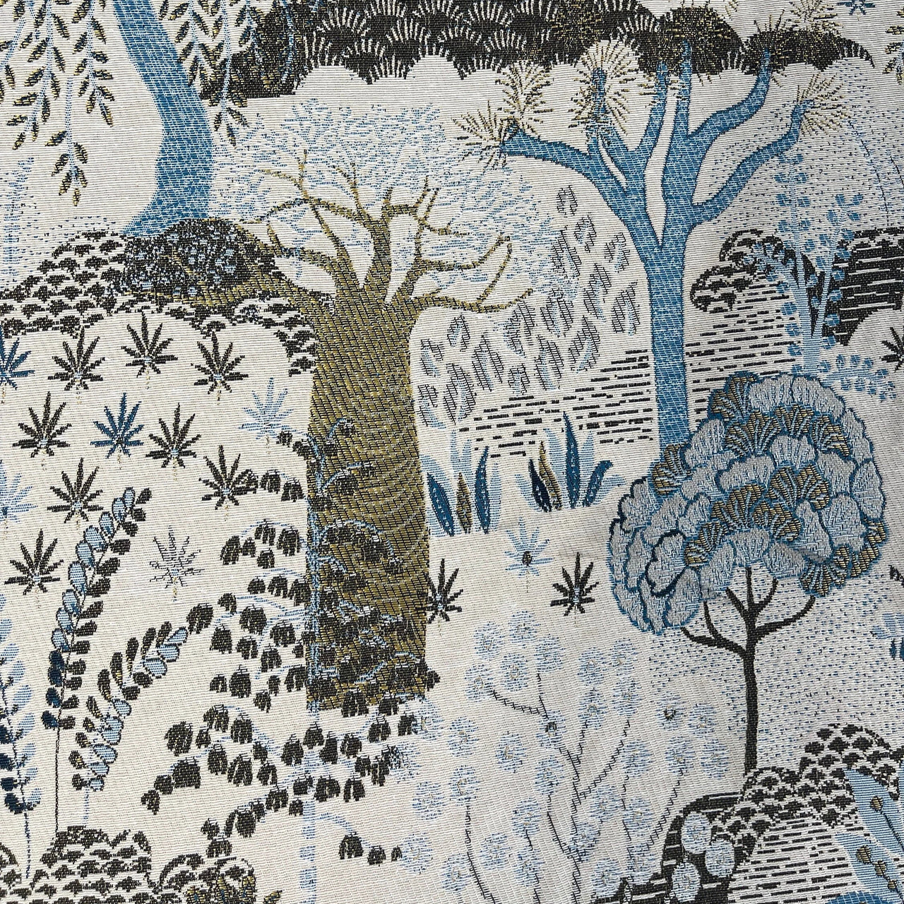 Textured forest scene with trees and foliage on a patterned background