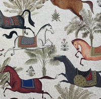 Thumbnail for Close-up of Arabian horse textile showing detailed equestrian illustrations with palm trees, printed on neutral grey cotton