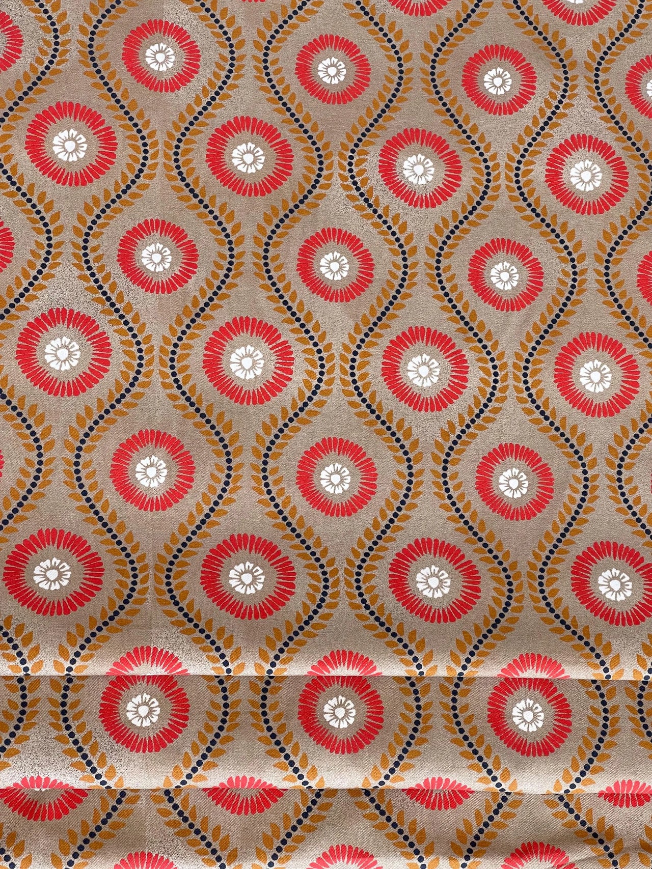 Sunburst Laurel Cotton Fabric – Red Gold Geometric Floral Print for Curtains, Blinds & Soft Furnishings