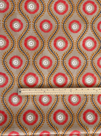 Thumbnail for measuring ruler on retro flower print fabric with curved leaf stripes in red mustard and cream for drapery upholstery or roman blinds

