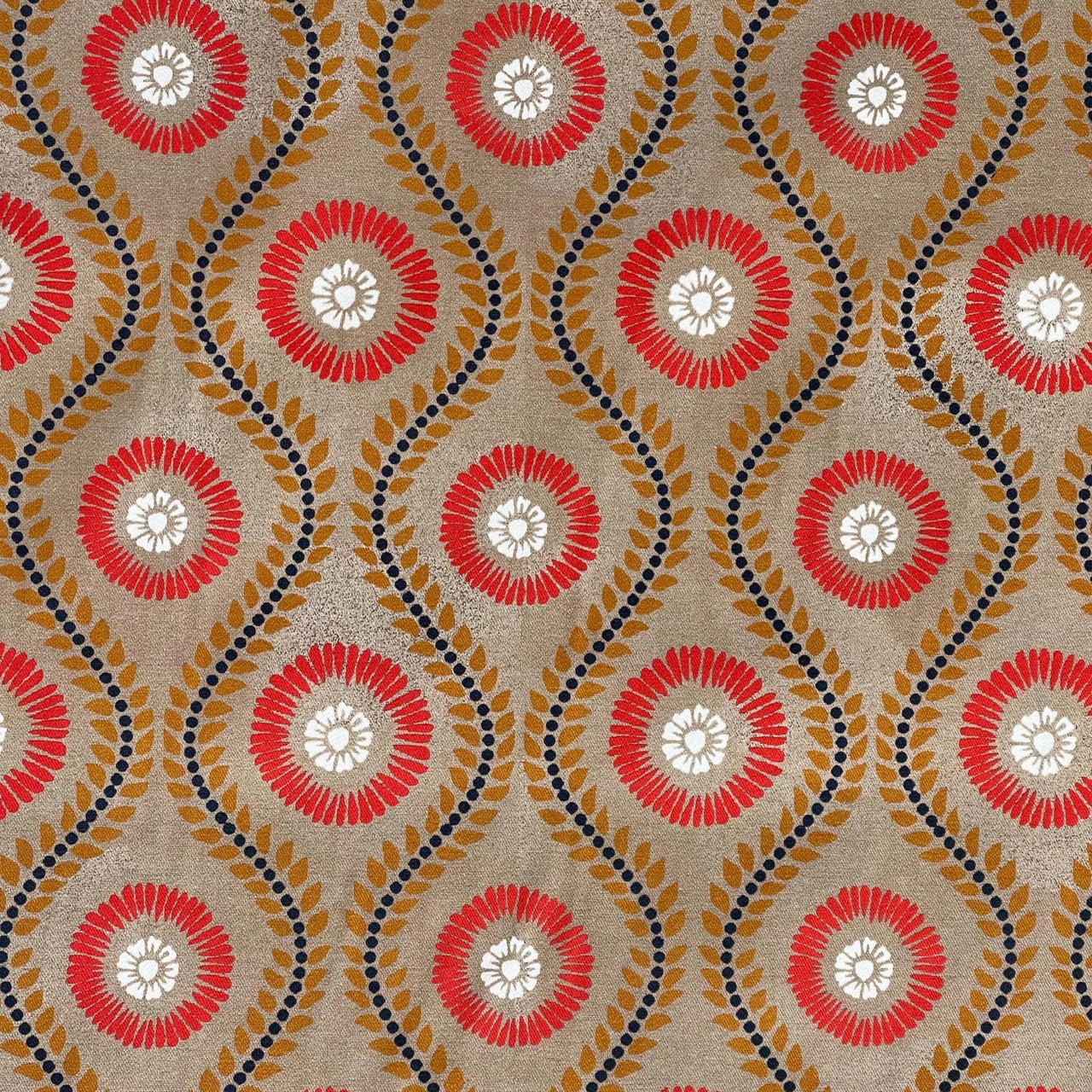 retro laurel stripe and sunburst floral print in warm tones on beige cotton fabric for upholstery roman blinds or drapery by the meter