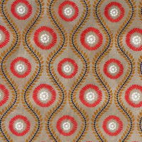 Thumbnail for retro laurel stripe and sunburst floral print in warm tones on beige cotton fabric for upholstery roman blinds or drapery by the meter
