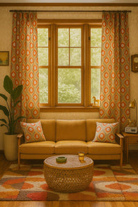 Thumbnail for bohemian style curtains made from red and gold floral cotton fabric with sunburst pattern in vintage-inspired home interior