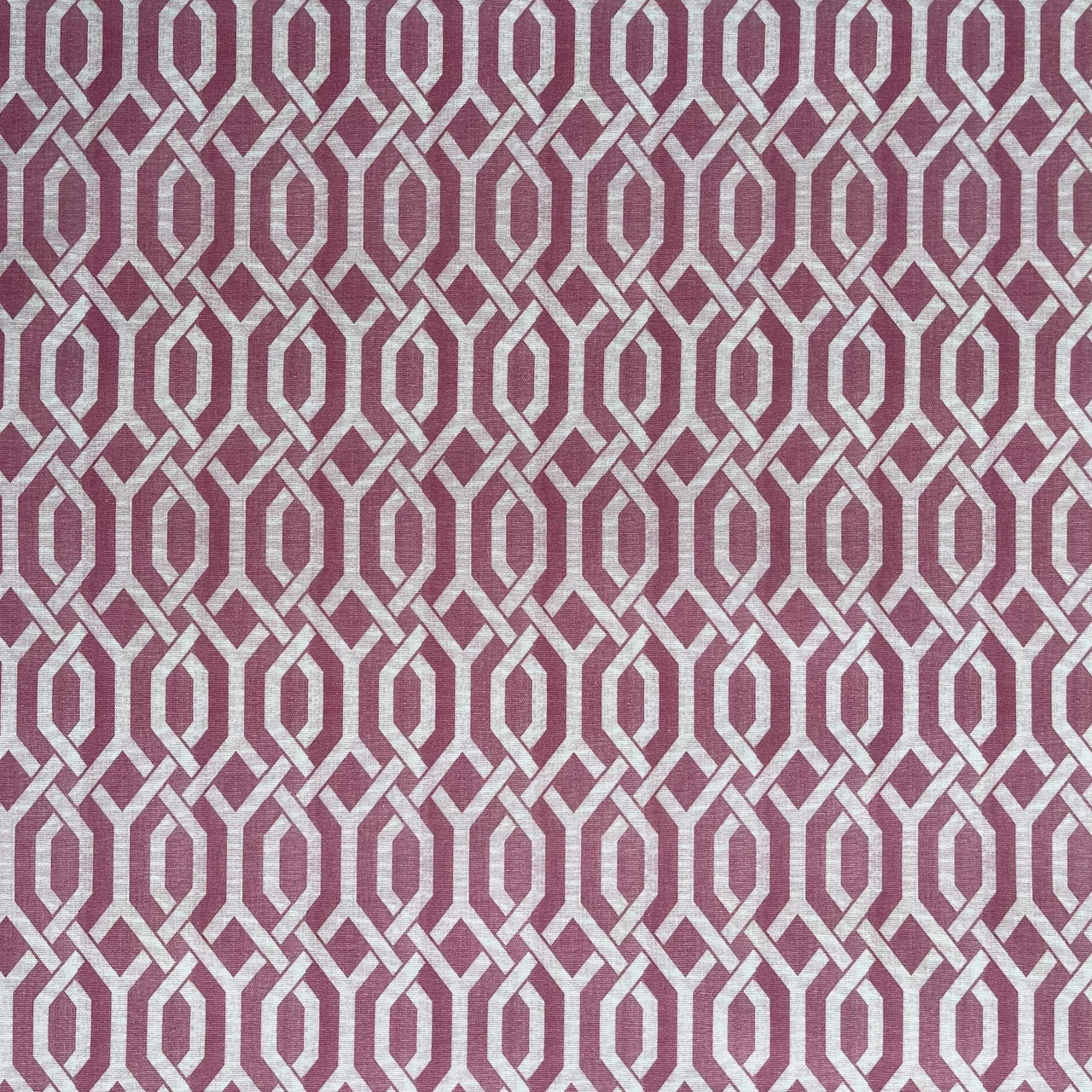 Modern mauve lattice cotton fabric with retro geometric print – perfect for custom curtains, roman blinds, cushions, and contemporary home decor.

