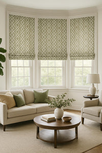 Thumbnail for Bay window with tailored Roman blinds in soft taupe lattice print cotton – elegant window treatment for neutral modern interiors