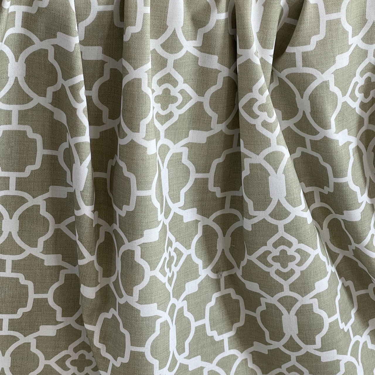 Soft Taupe Cotton Drapery Fabric with White Global Trellis Print – Ideal for Window Treatments & Home Styling Projects
