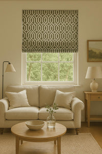 Thumbnail for Room with custom blind in green geometric print – tailored look for modern interiors

