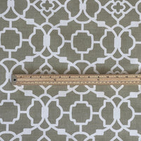 Thumbnail for Taupe geometric cotton fabric with white trellis pattern and ruler for scale – ideal for custom window treatments and upholstery projects