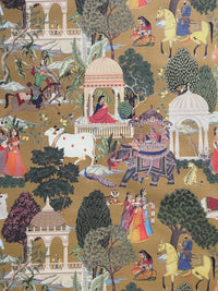 Thumbnail for Regalia Indian Cotton Fabric – Mustard Yellow Background – Mughal Palace Print with Elephant & Horse Scene – Ideal for Curtains & Home Decor