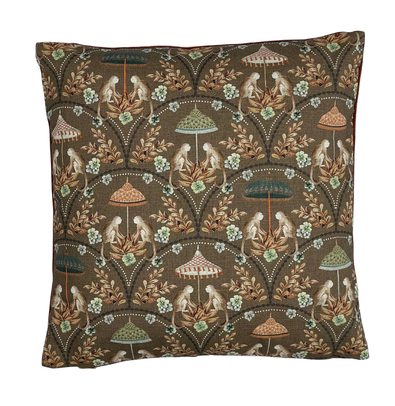 Monkey Pavilion Jungle Cushion Cover – Earthy Tones Cotton & Velvet Throw Pillow Case, Handmade in UK