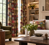 Thumbnail for Elegant living room featuring Imperial Court chinoiserie cotton curtains and coordinating cushions, styled with neutral furnishings, olive green seating and warm wood accents.