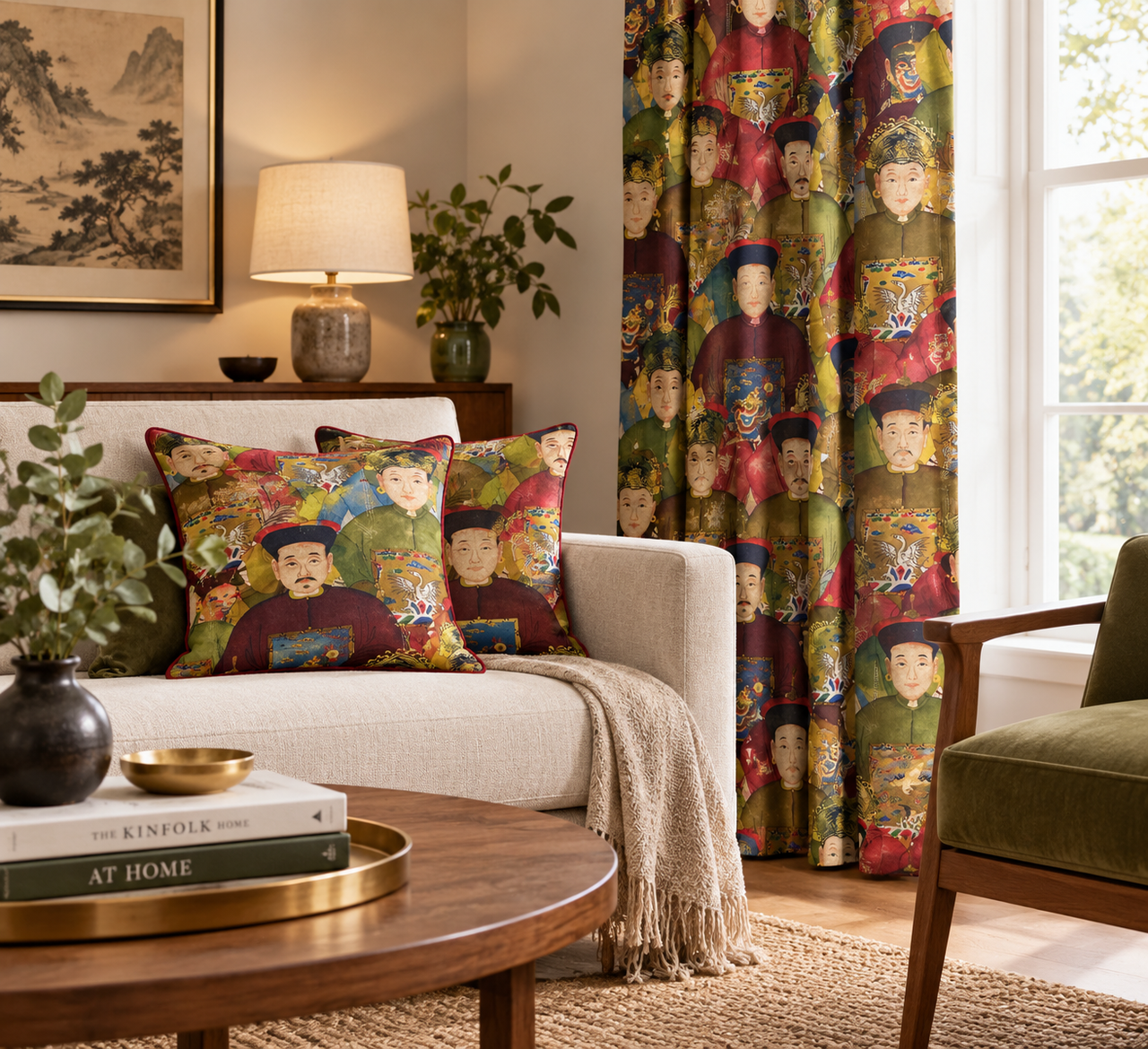 Stylish living room showcasing burgundy and olive green Imperial Court portrait fabric on statement curtains and decorative cushions, complemented by classic neutral interiors.