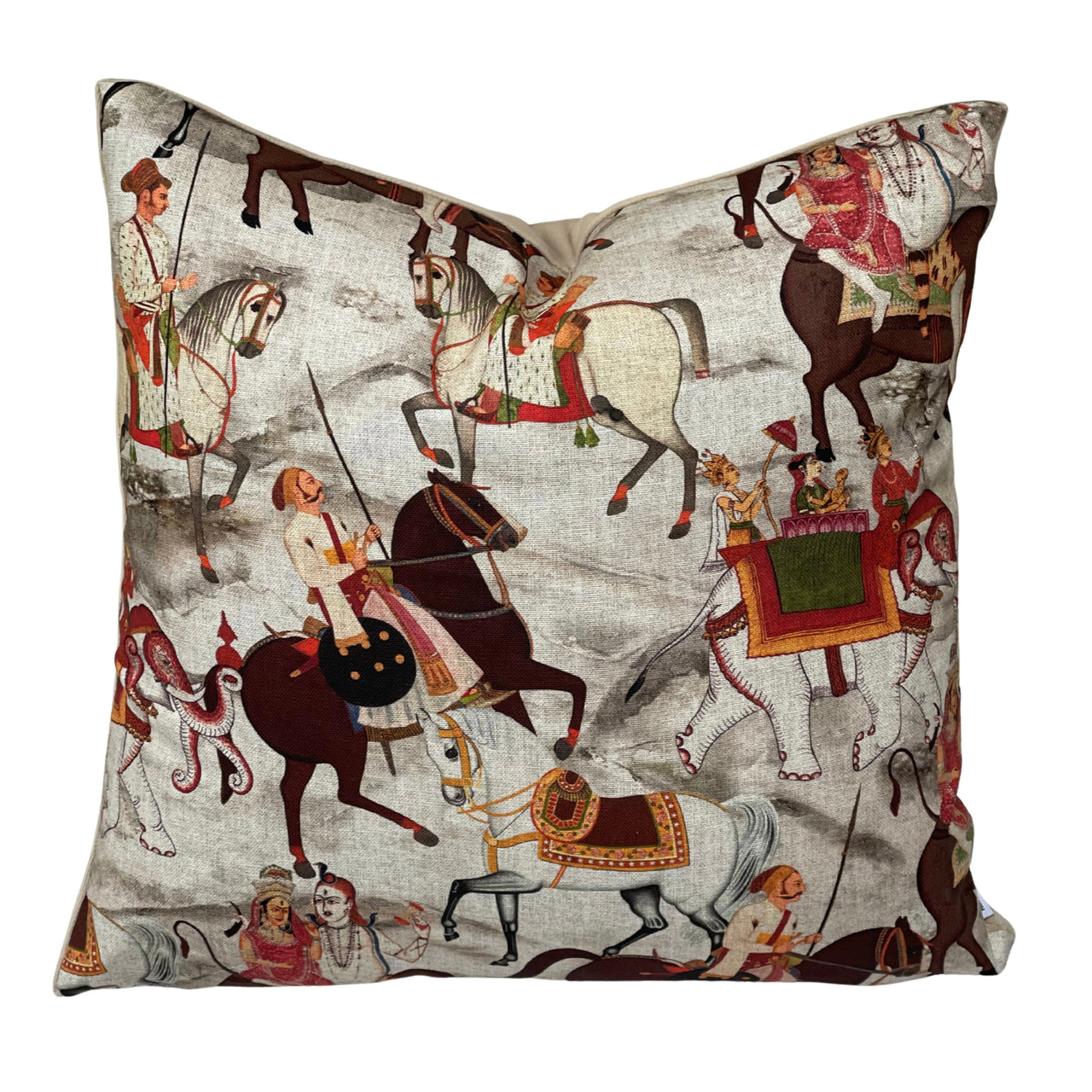 Square decorative cotton cushion cover with an intricate Indian-inspired print of majestic elephants, horseback riders and colourful traditional costumes against a textured beige-grey background.