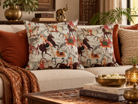 Thumbnail for Two Indian Maharajah elephant and horse print cushions displayed on a cream sofa with rust velvet pillows, carved wooden furniture, brass accessories and warm earthy tones in an elegant living room.
