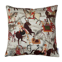 Thumbnail for Indian Maharajah cushion cover featuring decorated elephants, traditional horse riders and royal procession scenes in terracotta, red and brown on a stone-grey cotton fabric.

