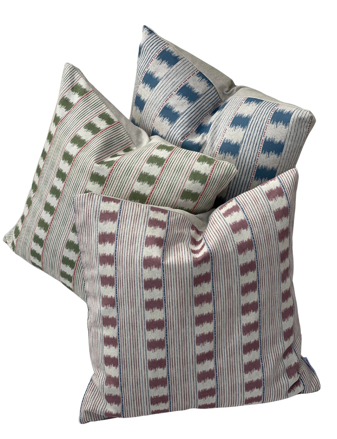 Indigo farmhouse cushion cover with decorative stitched stripe design on neutral fabric.