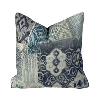 Thumbnail for Indigo geometric cotton cushion cover with layered blue, grey and beige decorative motifs.