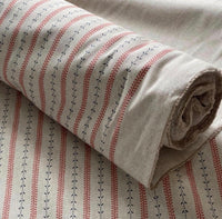 Thumbnail for Indigo red botanical stripe cotton linen fabric roll with natural beige background