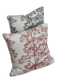 Thumbnail for Indigo blue and red cow parsley botanical cushion covers on a natural oatmeal background
