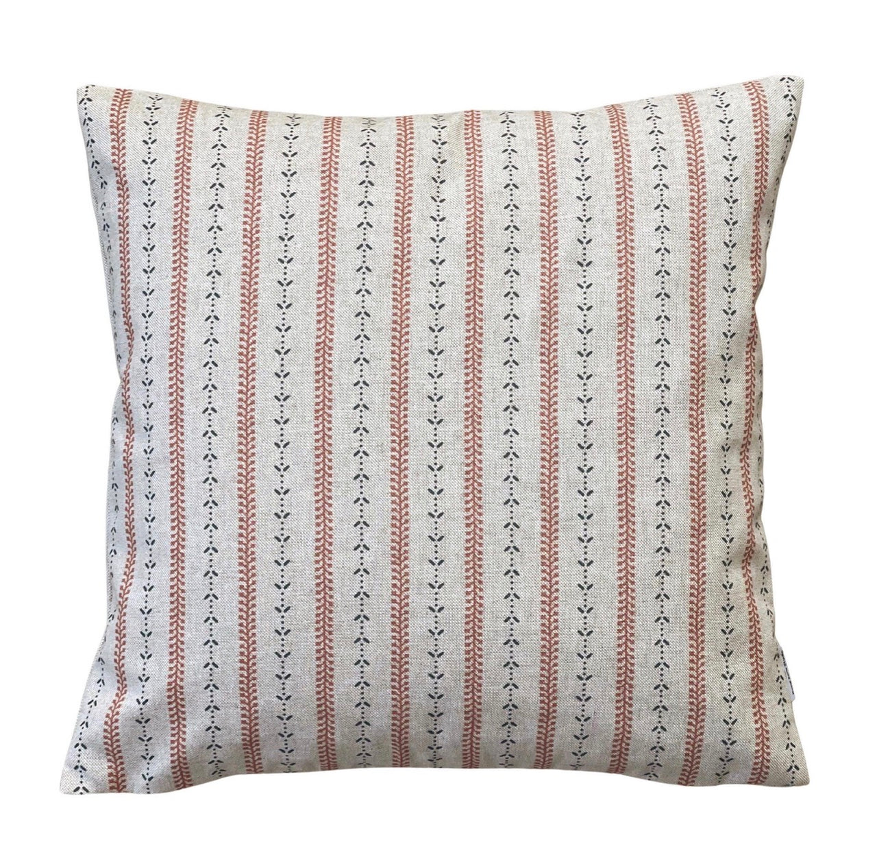 Indigo red stripe cushion cover with botanical leaf pattern on natural beige fabric