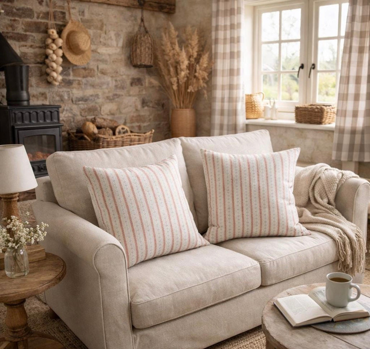 Indigo red botanical stripe cushion covers styled on a neutral beige sofa