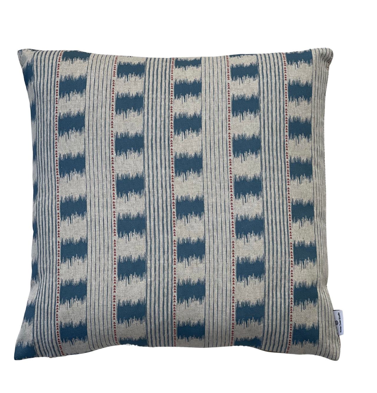 Indigo stitch stripe cushion cover in natural cotton linen fabric with subtle red detailing.