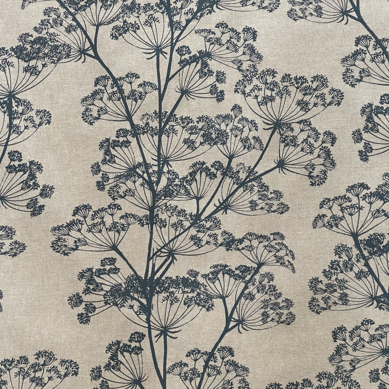 Linen look fabric with indigo botanical pattern for curtains and Roman blinds