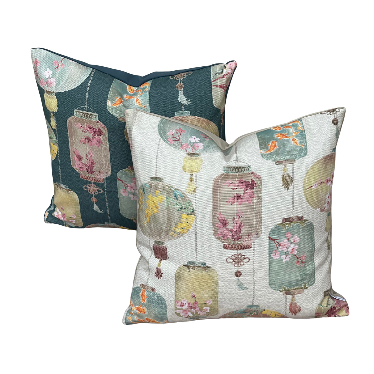 Handmade ivory and dark teal green cushion cover pair featuring Japanese-inspired lanterns, birds and pink cherry blossom details.