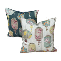 Thumbnail for Handmade ivory and dark teal green cushion cover pair featuring Japanese-inspired lanterns, birds and pink cherry blossom details.