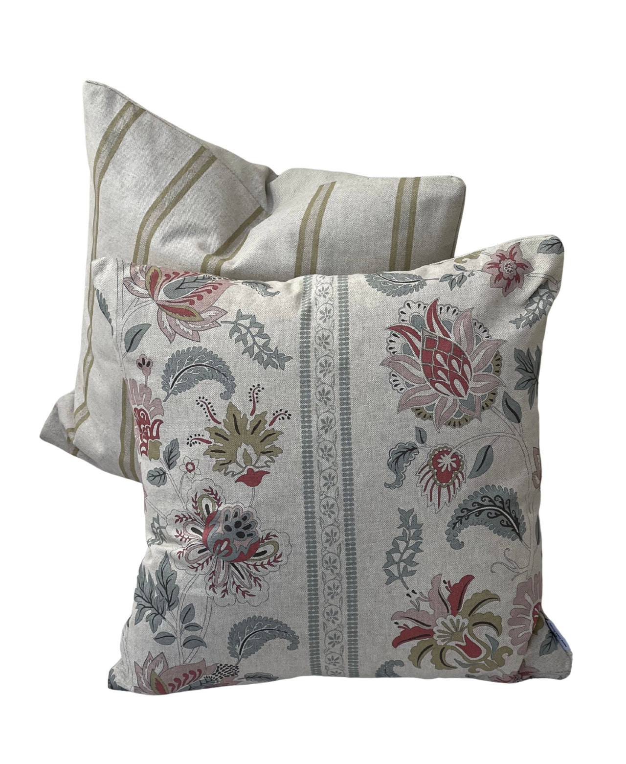 Botanical Jacobean cushion cover in soft natural, blush and sage colour tones.