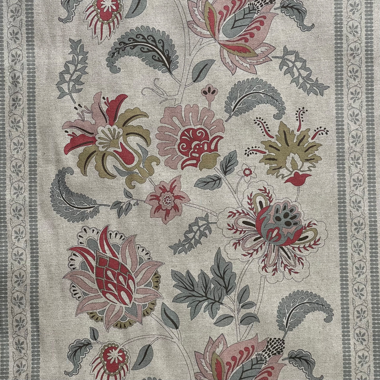 Jacobean botanical stripe upholstery fabric with traditional floral pattern on natural background